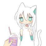  1girl :&lt; animal_ears cat_ears cat_girl cat_tail chibi closed_mouth commentary cup disposable_cup dress drinking_straw english_commentary green_eyes grimace_shake_(meme) hair_between_eyes hands_up highres holding holding_cup jitome long_hair long_sleeves looking_at_viewer matcha_ore_p meme milkshake original oversized_clothes oversized_shirt shirt sidelocks simple_background solo_focus sparkling_eyes standing tail upper_body white_background white_dress white_hair 