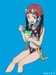  1girl asukagawa_chise bikini black_bikini blue_eyes braid commentary_request eating food gridman_universe gridman_universe_(film) ice_cream looking_at_viewer mole mole_under_mouth official_alternate_costume open_mouth pisto1star red_hair sitting solo ssss.dynazenon sunglasses swimsuit twin_braids 