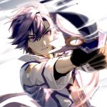  black_hair eiyuu_densetsu fingerless_gloves gloves highres holding holding_sword holding_weapon jacket katana portrait purple_eyes rean_schwarzer sen_no_kiseki sen_no_kiseki_iii sword twitter_username upper_body weapon yusaazusa 