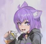  1girl :3 :d ahoge animal_ear_fluff animal_ears black_choker black_hoodie bottle cat_ears cat_girl choker commentary crossed_bangs english_commentary fang gradient_background hand_up holding holding_bottle hololive hood hood_down hoodie long_sleeves looking_at_viewer mogu_mogu_(drink) nekomata_okayu nekomata_okayu_(1st_costume) open_mouth paintrfiend plastic_bottle purple_background purple_eyes purple_hair short_hair skin_fang smile solo trait_connection upper_body virtual_youtuber 