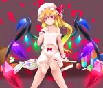  1girl archived_source arm_up blonde_hair bloomers blush book box breasts clenched_hand crayon crystal feet_out_of_frame flandre_scarlet gisyo glowing_crystal hair_between_eyes half-closed_eyes hand_on_own_chest hat hat_ribbon highres long_hair looking_at_viewer midriff nipples off_shoulder paper parted_lips red_eyes ribbon see-through_camisole side_ponytail simple_background sitting small_breasts solo touhou toy_block underwear variant_set white_bloomers white_headwear wings wrist_cuffs 