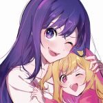 2girls blonde_hair blush collarbone commentary_request highres hoshino_ai_(oshi_no_ko) hoshino_ruby long_hair mother_and_daughter multiple_girls one_eye_closed open_mouth oshi_no_ko pink_eyes purple_eyes purple_hair shirt simple_background star-shaped_pupils star_(symbol) symbol-shaped_pupils white_background white_shirt yamabukiyuki 