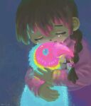 1girl animal_hug blue_background braid brown_hair closed_eyes closed_mouth commentary_request crying facing_viewer furrowed_brow glowing hair_over_shoulder highres long_hair long_sleeves madotsuki neon_parrot_(yume_nikki) niwasakino_daei print_sweater raised_eyebrows signature solo sweater turtleneck turtleneck_sweater twin_braids upper_body yume_nikki 