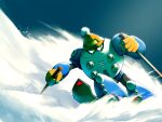  1boy blizzard_man day english_commentary full_body green_eyes hat holding_ski_pole imbisibol male_focus mega_man_(classic) mega_man_(series) mega_man_6 no_humans no_mouth outdoors robot ski_pole skiing snow solo 