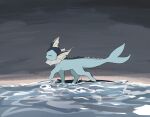  =_= animal_focus cloud cloudy_sky commentary day english_commentary from_side full_body grey_sky highres mixed-language_commentary no_humans outdoors pawpads pokemon pokemon_(creature) profile sky solo standing standing_on_liquid takashi_(pixiv_80298118) vaporeon walking water 