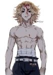  1boy abs bandages belt black_eyes blonde_hair blood commentary_request cowboy_shot empty_eyes looking_at_viewer male_focus multiple_sources nori20170709 sano_manjirou simple_background solo tokyo_revengers tongue tongue_out topless_male white_background 