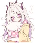  ... 1girl ahoge alternate_costume blue_archive blush commentary demon_girl demon_horns dot_nose hair_between_eyes halo hina_(blue_archive) horns hugging_object long_hair long_sleeves looking_at_viewer messy_hair multiple_horns pajamas pillow pillow_hug pink_pajamas polka_dot polka_dot_pajamas purple_eyes rubbing_eyes simple_background sleepwear solo spoken_ellipsis sweater upper_body white_background white_hair yellow_sweater yonako_(123456nya) 