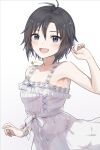  1girl antenna_hair arm_up bare_shoulders black_hair butterfly_necklace collarbone dress grey_eyes idolmaster idolmaster_(classic) idolmaster_million_live! idolmaster_million_live!_theater_days jewelry kikuchi_makoto lace-trimmed_dress lace_trim looking_at_viewer messy_hair mogskg necklace short_hair single_wrist_cuff smile solo upper_body white_background white_dress wrist_cuffs 