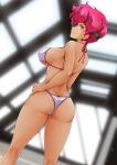  1girl absurdres ass bare_arms bare_shoulders bikini blurry blurry_background breasts closed_mouth commentary_request dark-skinned_female dark_skin dirty_pair green_headband grey_eyes hand_on_own_hip headband highleg highleg_bikini highres indoors kei_(dirty_pair) looking_at_viewer looking_back medium_breasts medium_hair nanashi_noiji red_hair simple_background smile solo swimsuit tan thighs white_bikini 