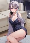  1girl bare_shoulders blue_eyes blush breasts cellphone chigusa_minori cleavage collarbone couch grey_hair hair_ornament highres holding holding_phone indoors large_breasts long_sleeves medium_hair off_shoulder original parted_lips phone rug saotome_shino_(chigusa_minori) smartphone solo talking_on_phone thighs window 