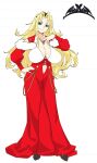  1girl aqua_eyes blonde_hair breasts cleavage clothing_cutout dress full_body fur-trimmed_dress fur_trim hand_on_own_hip highres ino_(magloid) jewelry large_breasts long_hair long_sleeves looking_at_viewer navel_cutout necklace original red_dress simple_background smile solo tiara wavy_hair white_background 