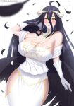  1girl ahoge albedo_(overlord) bare_shoulders black_feathers black_hair black_wings blacksaikou blush breasts cleavage dress feathered_wings feathers gloves hair_between_eyes highres horns large_breasts long_hair mole mole_under_eye overlord_(maruyama) slit_pupils solo white_dress white_gloves wings yellow_eyes 
