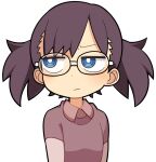  1girl black-framed_eyewear blue_eyes blush boku_no_kokoro_no_yabai_yatsu bright_pupils brown_hair brown_shirt closed_mouth commentary_request frown glasses hospital_king ichikawa_kana looking_to_the_side medium_bangs medium_hair ringed_eyes shirt short_sleeves short_twintails simple_background solo twintails upper_body white_background white_pupils 