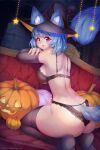  2021 2:3 animal_humanoid anthro armwear biped black_armwear black_bra black_clothing black_legwear black_panties black_thigh_highs black_underwear blue_body blue_fur blue_hair blue_tail blush bra breasts butt clothed clothing digital_media_(artwork) eyelashes facial_blush female fur hair halloween hat headgear headwear hi_res holidays humanoid inside jack-o&#039;-lantern kneeling legwear looking_at_viewer looking_back looking_back_at_viewer open_mouth panties rear_view shaded solo tail tekahika thigh_highs underwear witch_hat 