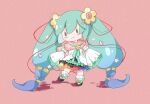  1girl :3 absurdly_long_hair black_eyes black_skirt blue_hair blush_stickers chibi closed_mouth commentary detached_sleeves flower full_body gradient_hair green_hair hair_between_eyes hair_flower hair_ornament hair_ribbon hatsune_miku long_hair long_sleeves magical_mirai_(vocaloid) magical_mirai_miku magical_mirai_miku_(2021) multicolored_hair pink_background pleated_skirt red_ribbon ribbon romaji_commentary shirt simple_background skirt sleeveless sleeveless_shirt smile socks solid_eyes solo sunfish3939 very_long_hair vocaloid white_shirt white_sleeves white_socks yellow_flower 
