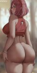  1girl artist_name ass back bare_shoulders blurry blurry_background blush boruto:_naruto_next_generations bottomless bracelet breasts cowboy_shot facial_mark forehead_mark green_eyes haruno_sakura highres jewelry large_breasts looking_at_viewer looking_back naruto_(series) oroborus pink_hair short_hair solo standing wide_hips 