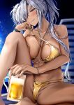  1girl absurdres alternate_costume bare_shoulders barefoot beach_chair beer_mug bikini black_nails blurry blurry_background blush bracelet breast_press breasts breasts_apart brown_eyes cameltoe closed_mouth collarbone commentary_request cup dark-skinned_female dark_skin glasses gold_bikini grey_hair groin hair_over_one_eye highres holding holding_cup jewelry kantai_collection knee_up large_breasts long_hair looking_at_viewer mug musashi_(kancolle) navel necklace night night_sky o-ring o-ring_bikini outdoors panties partially_visible_vulva ring semi-rimless_eyewear sitting sky smile solo spaghetti_strap spread_legs star_(sky) starry_sky swimsuit twintails underwear untied_bikini wedding_ring yunamaro 