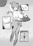 1girl absurdres animal_ears blue_archive blush bra bra_removed breasts fake_animal_ears glasses greyscale highres large_breasts long_hair looking_at_viewer low_twintails lying moe_(blue_archive) monochrome nipples on_back open_mouth pantyhose pleated_skirt rabbit_ears round_eyewear skirt solo steam sweat sweater twintails underwear undressing zijou 