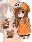  2girls bike_shorts blush brown_hair cabbie_hat clothed_robot guilty_gear guilty_gear_strive hat hat_ornament highres hood hoodie humanoid_robot itsuka_neru long_hair looking_at_viewer may_(guilty_gear) multiple_girls object_through_head orange_eyes orange_headwear orange_hoodie orange_shirt robo-may robot screw_in_head shirt skull_and_crossbones skull_hat_ornament smile 
