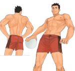  1boy abs back ball bara brown_eyes brown_hair closed_mouth coffetia feet_out_of_frame haikyuu!! holding holding_ball male_focus multiple_views muscular muscular_male pectorals red_shorts sawamura_daichi shorts simple_background solo topless_male white_background 