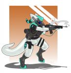  anthro assault_rifle clothed clothing digitigrade digitigrade_footwear gas_mask gun hi_res lukst machine male mask protogen ranged_weapon rifle simple_background solo topwear vest weapon 