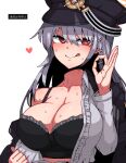  1girl :q black_bra black_headwear black_jacket blue_archive blush bra braid breasts cleavage formicid grey_hair grey_shirt hair_between_eyes haruna_(blue_archive) hat heart jacket jacket_on_shoulders jaggy_lines large_breasts long_hair long_sleeves looking_at_viewer off_shoulder ok_sign open_clothes open_shirt red_eyes shirt side_braid simple_background solo tongue tongue_out underwear upper_body white_background 