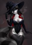  absurd_res anthro big_breasts black_hair black_nose blue_eyes breasts bustier cleavage clothed clothing female hair hat headgear headwear hi_res jewelry kilbi magic_user mammal procyonid raccoon sila_dione solo witch 