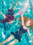  2girls ^_^ absurdres animal_ears bear_ears blue_one-piece_swimsuit blush breasts brown_hair closed_eyes floating_breasts fukumaru_koito highres ichikawa_hinana idolmaster idolmaster_shiny_colors large_breasts looking_at_another multiple_girls one-piece_swimsuit parted_bangs partially_submerged pool purple_hair rabbit_ears rabbit_tail reflection reflective_water school_swimsuit smile swimming swimsuit tail tanupon 