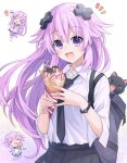  3girls adult_neptune alternate_costume animal_on_shoulder bag black_skirt blush cat cat_on_shoulder chibi collared_shirt crepe d-pad d-pad_hair_ornament eating food fruit giga-tera hair_between_eyes hair_ornament hands_up holding holding_food ice_cream long_hair multiple_girls necktie nepgear neptune_(neptune_series) neptune_(series) pleated_skirt purple_eyes purple_hair shirt skirt solo_focus strawberry very_long_hair white_shirt 