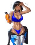  1girl arm_up artist_name bare_arms bare_shoulders bikini blue_bikini blushyspicy bottle breasts cleavage collarbone cowboy_shot dark-skinned_female dark_skin highres holding holding_bottle large_breasts looking_at_viewer medium_hair navel overwatch pharah shiny_skin smile solo sweat swimsuit 