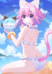  1girl alternate_costume animal_ears ass back bikini binato_lulu bracelet breasts cat_ears cat_tail day flower from_behind hair_between_eyes hair_flower hair_ornament hat highres jewelry looking_at_viewer neptune_(neptune_series) neptune_(series) pink_hair purple_eyes short_hair signature sky small_breasts smile solo summer swimsuit tail white_bikini 