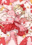  1girl blonde_hair blush bow closed_eyes commentary_request confetti dress feet_out_of_frame from_above futaba_anzu hair_bow heart highres holding holding_stuffed_toy idolmaster idolmaster_cinderella_girls long_hair low_twintails lying neck_ribbon on_back open_mouth pink_dress pink_thighhighs reaching reaching_towards_viewer red_bow red_dress red_ribbon ribbon sks_(s3_rosquilla) solo stuffed_animal stuffed_rabbit stuffed_toy thighhighs twintails two-tone_dress very_long_hair wrist_cuffs 