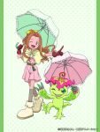  ;d belt belt_buckle boots brown_eyes brown_hair buckle child commentary_request digimon digimon_(creature) digimon_adventure digimon_crest dress female_child frilled_umbrella frills gloves green_umbrella grey_socks hair_ribbon high_ponytail highres holding holding_umbrella leg_up long_hair official_art one_eye_closed open_mouth palmon pink_dress pink_umbrella pointing ponytail red_gloves ribbon smile socks tachikawa_mimi umbrella yellow_ribbon 