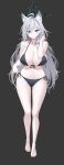  1girl absurdres ahoge animal_ear_fluff animal_ears ass_visible_through_thighs bare_arms bare_legs bare_shoulders barefoot bikini black_bikini black_halo blue_archive blue_eyes blush breasts broken_halo cleavage coke0502 dark_halo extra_ears full_body grey_background grey_hair groin hair_between_eyes hair_ornament halo halterneck highres huge_breasts long_hair looking_at_viewer mismatched_pupils navel shiroko_(blue_archive) shiroko_(terror)_(blue_archive) simple_background solo standing stomach string_bikini swimsuit thigh_gap thighs very_long_hair wolf_ears 