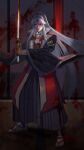  1boy amakusa_shirou_(fate) blood blood_on_clothes blood_on_face blood_on_hands blood_on_weapon cross fate/apocrypha fate/grand_order fate_(series) full_body haori highres holding holding_sword holding_weapon japanese_clothes katana peach_(marslave) ponytail red_eyes shoes shouji sliding_doors solo sword uwabaki weapon white_hair 