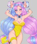  1girl arms_up artist_name asymmetrical_bangs blue_hair bow-shaped_hair breasts cleavage collar detached_collar grey_background heart heart-shaped_pupils highres iono_(pokemon) large_breasts leotard long_hair looking_at_viewer multicolored_hair pink_eyes pink_hair playboy_bunny pokemon pokemon_(game) pokemon_sv ruinique simple_background smile solo symbol-shaped_pupils teeth thighlet two-tone_hair very_long_hair white_collar yellow_leotard 
