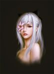  1girl bita_(vaderc) black_bow bow cropped_torso dark_background drag-on_dragoon drag-on_dragoon_3 flower flower_over_eye flower_request grey_background grey_hair hair_bow highres lips long_hair looking_at_viewer nose nude parted_lips pink_eyes pink_flower realistic solo teeth upper_body zero_(drag-on_dragoon) 
