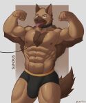  anthro bassu_kun big_muscles brown_body brown_fur canid canine canis clothing collar domestic_dog flexing fur german_shepherd herding_dog hi_res huge_muscles humanoid leash male mammal muscular nipples pastoral_dog solo tail tongue tongue_out underwear 