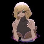  1girl black_background black_sclera black_shirt blonde_hair blood blood_from_eyes breasts brown_shirt colored_sclera commentary green_eyes hair_between_eyes highres long_bangs looking_at_viewer mata_(matasoup) mizuhashi_parsee off_shoulder open_mouth pointy_ears sash shirt short_hair simple_background sleeveless sleeveless_shirt small_breasts solo touhou undershirt upper_body white_sash 