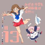  2girls angel_wings apron arms_up barefoot blue_dress blue_eyes blue_neckerchief bottomless bow_choker brown_hair character_request color_guide comic_cover dress flag frilled_apron frilled_dress frills grey_background halo highres holding holding_flag karaagetarou long_hair long_sleeves mizuho_chuugakusei_sekai_houkai_wa_totsuzen_ni multiple_girls neckerchief numbered outstretched_arms pink_hair purple_eyes red_flag red_footwear sailor_collar shirt short_hair simple_background socks spread_arms standing standing_on_one_leg sweatdrop taue_mizuho tiptoes white_flag white_shirt wings 