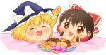  2girls :3 blonde_hair blush bow braid brown_eyes brown_hair checkerboard_cookie chocolate closed_eyes commentary_request cookie eating food food_on_face frilled_bow frilled_hair_tubes frilled_hat frills full_body grey_headwear hair_bow hair_tubes hakurei_reimu hat hat_bow highres kirisame_marisa looking_at_viewer medium_bangs multiple_girls open_mouth plate prehensile_hair red_bow short_hair side_braid sidelocks single_braid smile t3_(user_aura4334) thumbprint_cookie touhou white_bow witch_hat wrapped_candy yukkuri_shiteitte_ne 