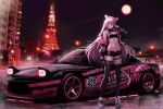  1girl absurdres animal_ear_fluff animal_ears black_gloves black_thighhighs blue_eyes building car cleavage_cutout clothing_cutout commission full_body gloves headlight highres indie_virtual_youtuber kcar66t lamppost long_hair mazda mazda_rx-7 motor_vehicle navel night night_sky outdoors pink_hair pixiv_commission race_queen race_vehicle racecar shoes sky sneakers solo spoiler_(automobile) sports_car standing star_(sky) starry_sky thighhighs tokyo_tower virtual_youtuber whimz white_footwear 