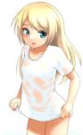  1girl blonde_hair blue_eyes cowboy_shot jervis_(kancolle) kantai_collection long_hair looking_at_viewer naked_shirt ray.s see-through see-through_shirt shirt shirt_hold simple_background solo standing wet wet_clothes wet_shirt white_background white_shirt 