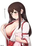  1girl akagi_(kancolle) areola_slip blush breasts brown_eyes brown_hair collarbone cypress hakama japanese_clothes kantai_collection large_breasts long_hair open_clothes parted_lips red_hakama ribbon-trimmed_sleeves ribbon_trim sidelocks simple_background sleeve_garter solo twitter_username upper_body white_background 
