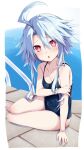  1girl ahoge bare_legs bare_shoulders blue_hair blue_one-piece_swimsuit highres iwashi_dorobou_-r- light_blue_hair looking_at_viewer neptune_(series) one-piece_swimsuit power_symbol red_eyes short_hair_with_long_locks sidelocks sitting swimsuit symbol-shaped_pupils white_heart 