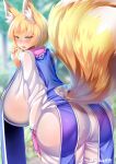  1girl animal_ears ass blonde_hair blue_tabard blurry blush breasts depth_of_field dress fox_ears fox_girl fox_tail from_behind gigantic_breasts looking_back multiple_tails open_mouth red_nails see-through see-through_dress short_hair solo tabard tail touhou twitter_username wildcat_(kusonemi) yakumo_ran yellow_eyes 