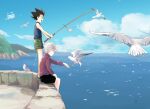  2boys bird black_hair black_shorts blue_sky cloud cloudy_sky day fishing fishing_rod gon_freecss green_shorts highres hntricolore holding holding_fishing_rod hunter_x_hunter killua_zoldyck male_child multiple_boys ocean open_mouth outdoors outstretched_arm red_shirt sandals seagull shirt short_hair shorts sitting sky sleeveless sleeveless_shirt smile spiked_hair standing white_hair 