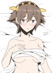  1girl artist_name bed bed_sheet blush breasts brown_hair chest_sarashi collarbone dated hair_between_eyes headgear hiei_(kancolle) highres kantai_collection large_breasts looking_at_viewer loose_clothes lying navel on_back parted_lips purple_eyes sarashi short_hair solo taira_yuuki undone_sarashi 