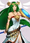  1girl armlet bare_shoulders breasts chiton circlet collarbone dress eightyfourart forehead_jewel green_eyes green_hair hand_on_own_chest holding holding_shield holding_staff kid_icarus kid_icarus_uprising long_hair medium_breasts palutena parted_bangs shield single_thighhigh solo staff strapless strapless_dress teeth thighhighs vambraces very_long_hair white_dress white_thighhighs 