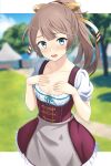  1girl alternate_costume apron blue_sky blurry blurry_background breasts brown_dress brown_hair cloud day dirndl dress german_clothes green_eyes hair_ribbon hands_on_own_chest highres kantai_collection kazagumo_(kancolle) kotou_yogen long_hair outdoors pinafore_dress ponytail puffy_short_sleeves puffy_sleeves ribbon shirt short_sleeves sky sleeveless sleeveless_dress small_breasts solo tree waist_apron white_shirt 